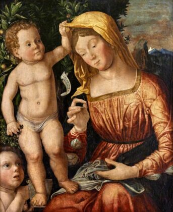 Giovan Francesco Caroto, Madonna con il Bambino e san Giovannino (Madonna cucitrice)1501. Modena, Galleria Estense